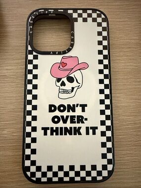 Casetify White & Black Checker Phone Case with Pink Cowboy Hat Skull